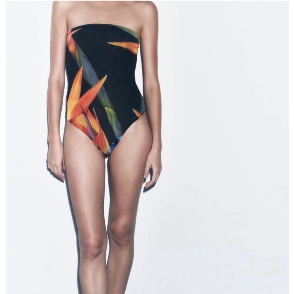 Zara Women’s Tropical Strapless Mesh Black Multi Bodysuit Sz Medium NWT